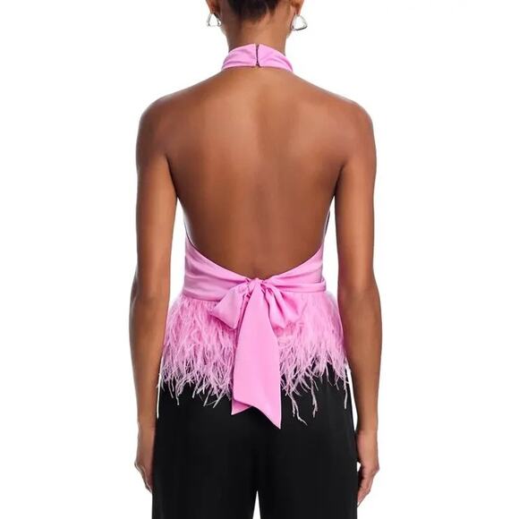 RAMY BROOK Faux Feather Trim Halter Top In Pink Rose - Picture 2 of 4
